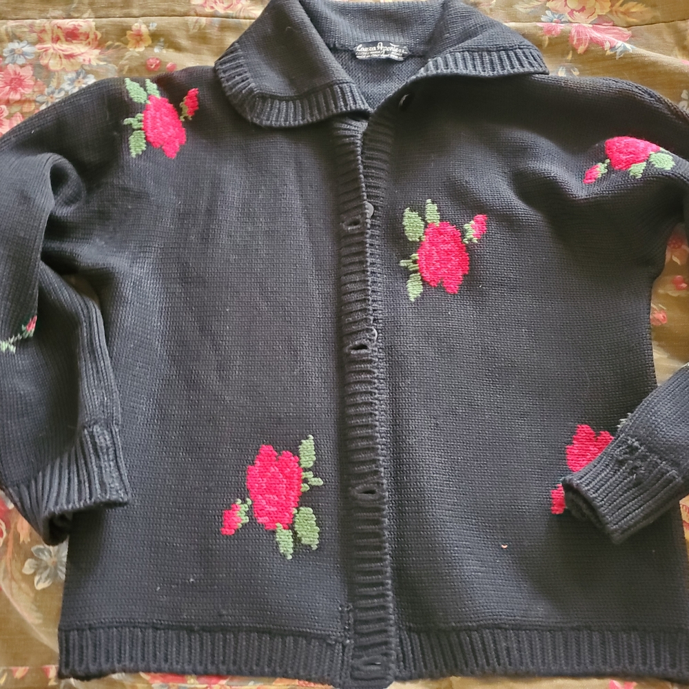 Floral Knit Cardigan Sweater - Black with Red Accents